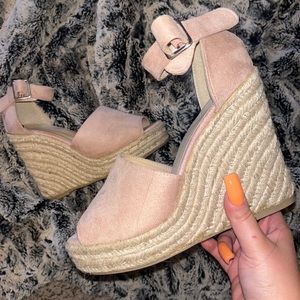 Blush pink faux suede buckle wedge